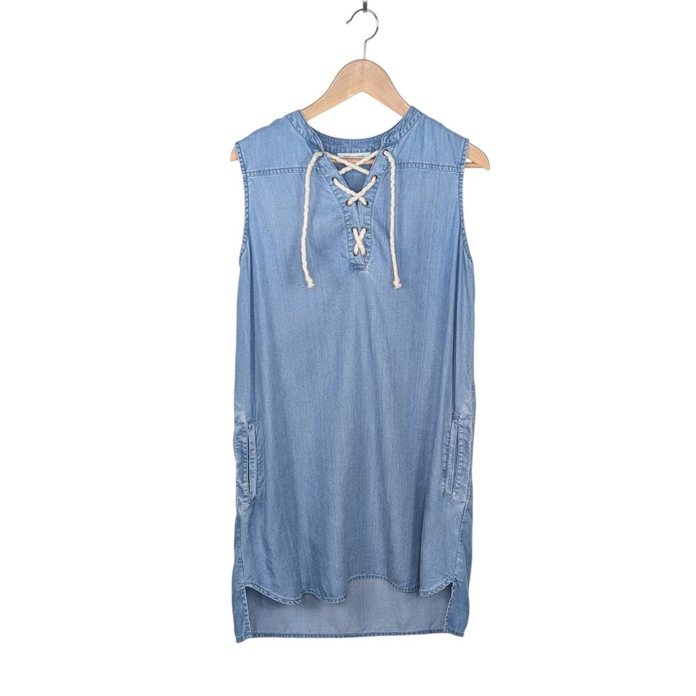 BeachLunchLounge Sleeveless Lace-Up Shift Dress Blue Chambray Soft Boho Coastal